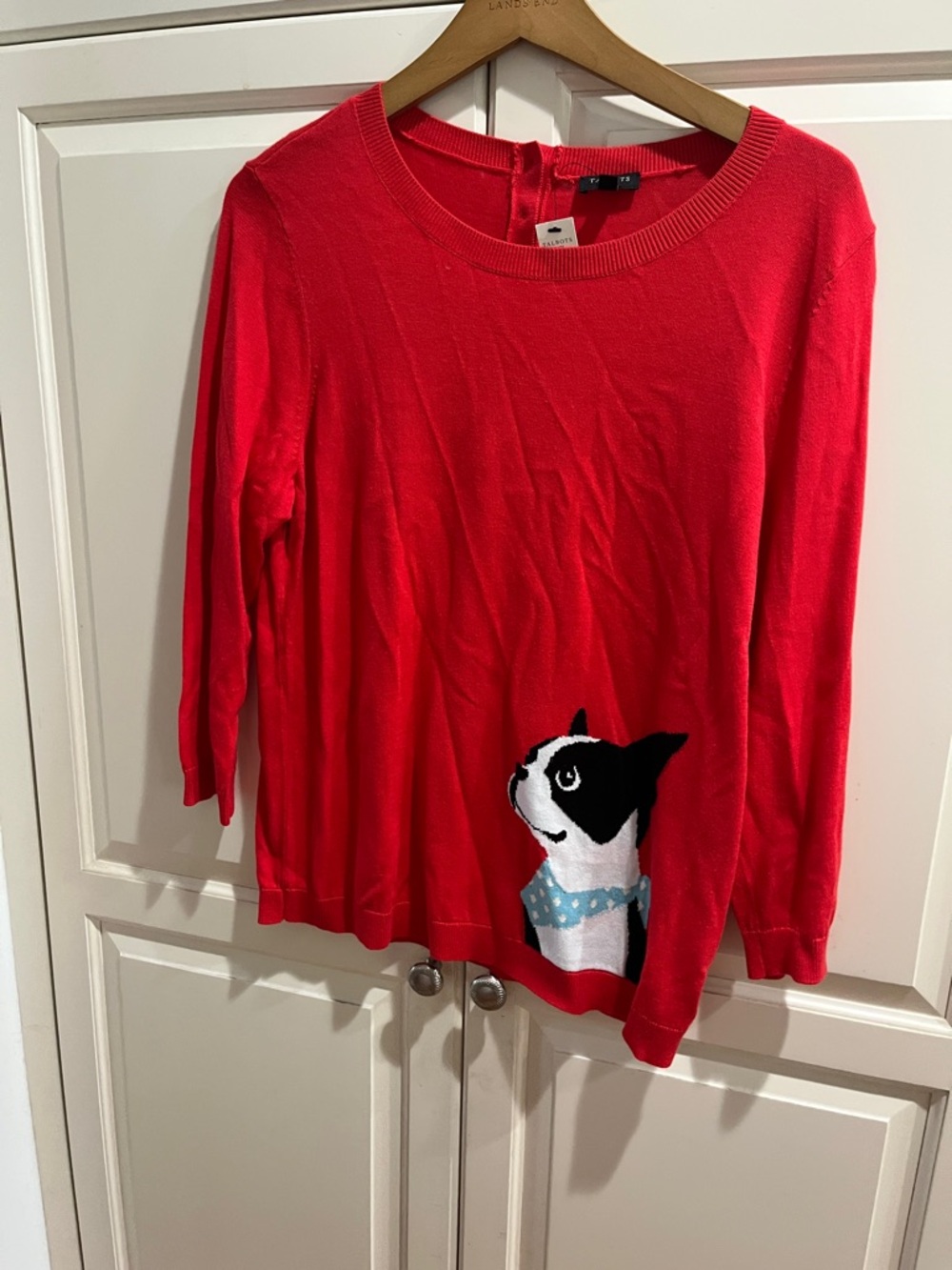 Talbots Bright Red Girls Sweater with Black-and-White Dog Graphic